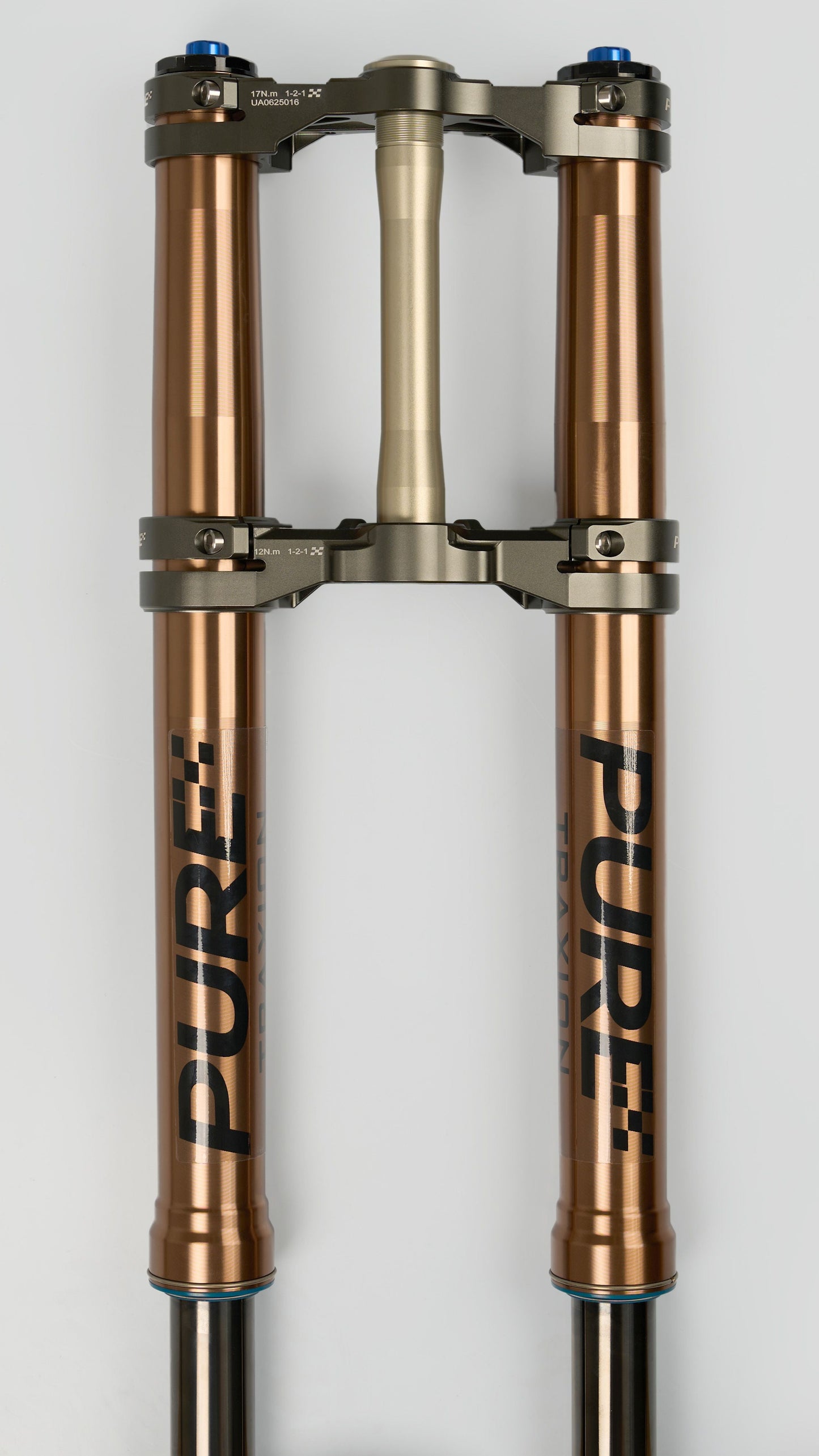 Bicycle suspension fork with 'PURE' branding on a white background