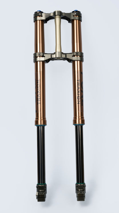 Bicycle suspension fork on a light gray background