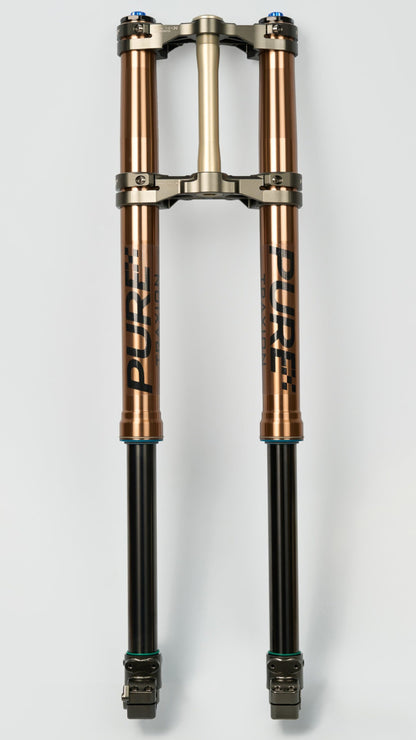 Bicycle suspension fork with gold and black design on a white background