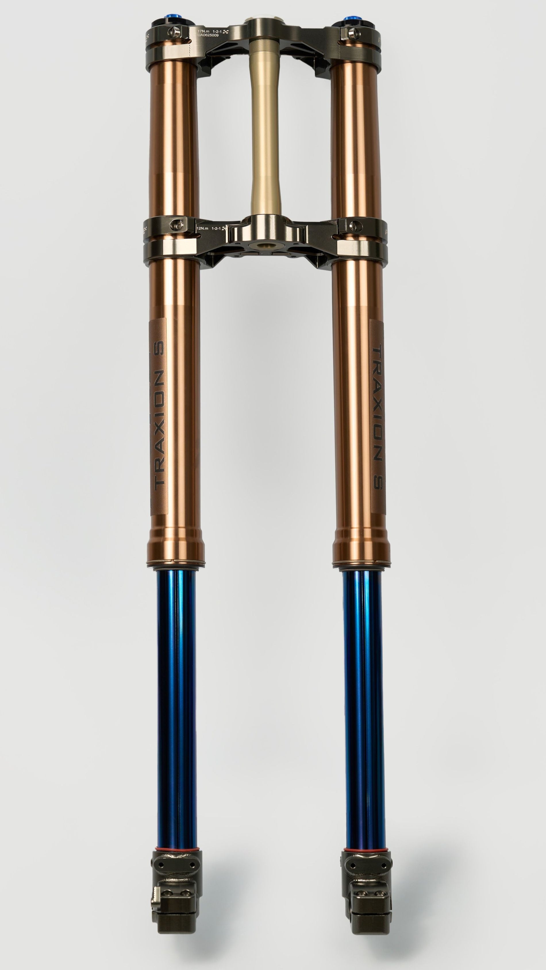 Ultra bee suspension fork with bronze top section and blue lower section on a light gray background